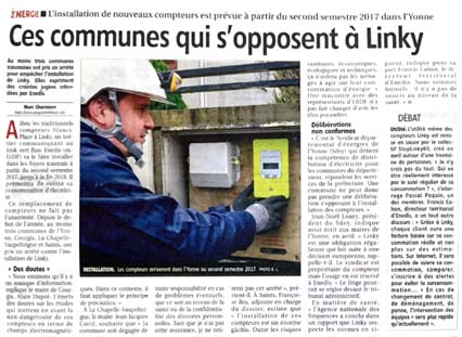 23 Août 2016, Ces communes qui s'opposent à LINKY. Yonne Républicaine du 23/08/2016