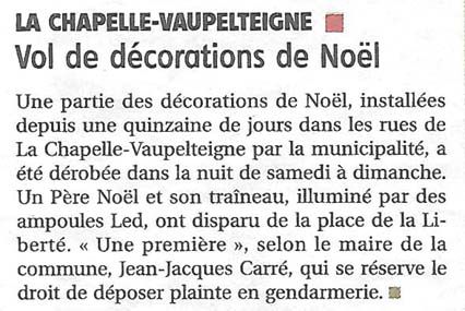 Vol de décorations de Noël. Yonne Républicaine du 19/12/2017
