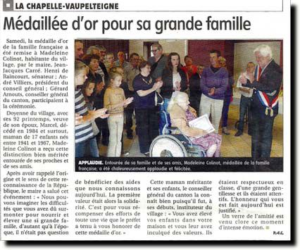 le samedi 12 juillet 2014 remise de médaille de la famille à Madeleine Colinot à la Chapelle-Vaupelteigne. Yonne Républicaine du 12/07/2014