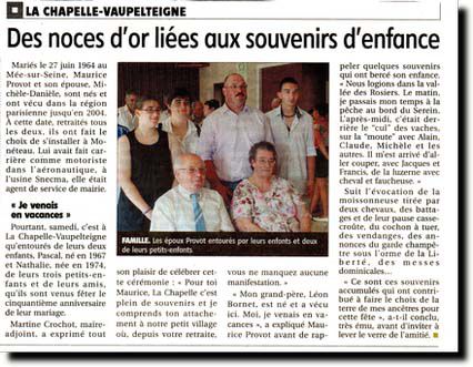 Michèle et Maurice Provot fêtent leur cinquantième anniversaire de mariage entourés de leur famille et de leurs amis. Yonne Républicaine du 19/07/2014