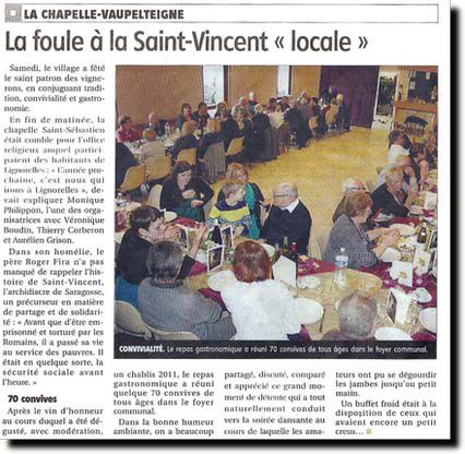 St Vincent locale du samedi 24 janvier. Yonne Républicaine du 26/01/2015